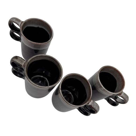 Vtg Japanese Coffee Mugs 2 Finger Drip Glaze Brown Stoneware Set of 4 - Picture 3 of 10